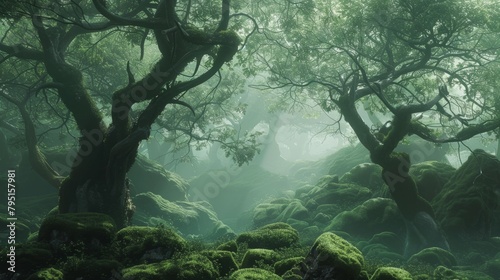 Ethereal misty forest with ancient trees and moss-covered rocks, perfect for grounding yoga practice