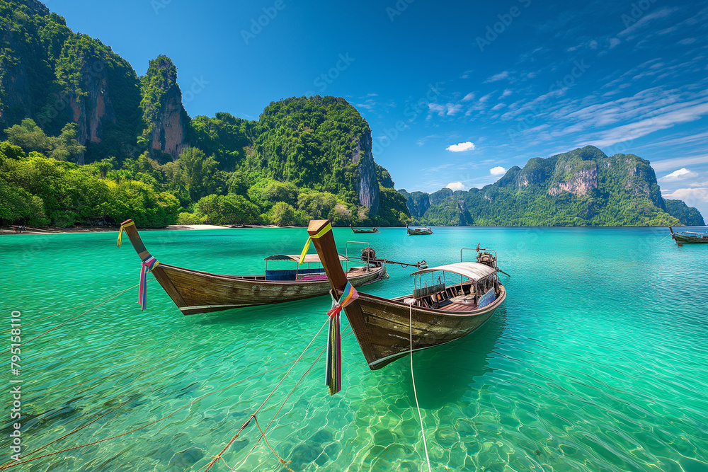 Fototapeta premium Two boats are floating in a lake with a beautiful blue sky above