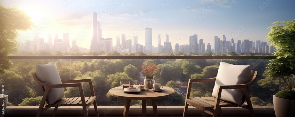 Modern balcony with sleek furniture and a coffee setup, highlighting a clear view of a city park with the bustling city gently blurred behind