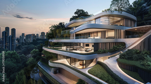 An architecturally impressive modern residence with a series of terraces and balconies cascading down a hillside, offering panoramic views of the city skyline.