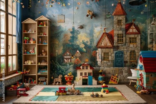 Studio photo of child in playroom with classic toys as backdrop for creative and nostalgic portrait