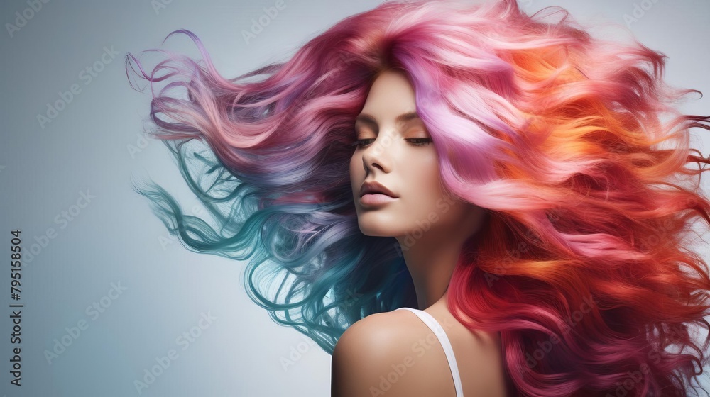 Captivating hair model with luminous, multicolored locks, featured in an ad campaign that showcases the transformative power of premium hair color products Captivating hair model with luminous, multicolored locks, featured in an ad campaign that showcases the transformative power of premium hair color products