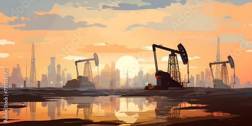 oil wells where crude oil is extracted from the ground concept of oil painting in background  photo