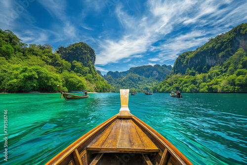 A boat is floating in the water with a blue sky in the background. The boat is surrounded by mountains and trees