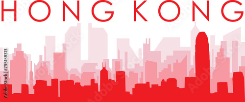 Red panoramic city skyline poster with reddish misty transparent background buildings of HONG KONG, CHINA
