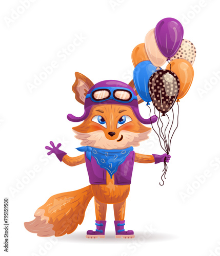Cartoon fox as a biker, racer, mechanic with air balloons. Character design. Vector illustration.