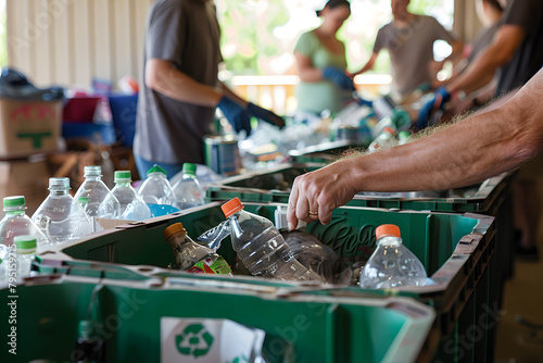 People sorting recyclables at a community center, with clear labels for plastic, glass, and paper photo