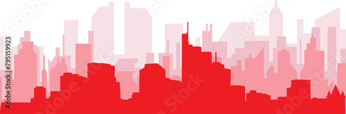 Red panoramic city skyline poster with reddish misty transparent background buildings of FRANKFURT  GERMANY