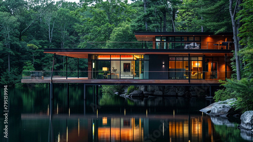 An architecturally striking modern home with a cantilevered design, overlooking a tranquil lake surrounded by dense forest foliage. photo