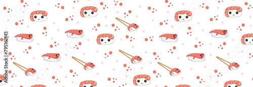 Banner with kawaii sushi pattern. Sushi pattern with funny faces. Japanese food and anime.