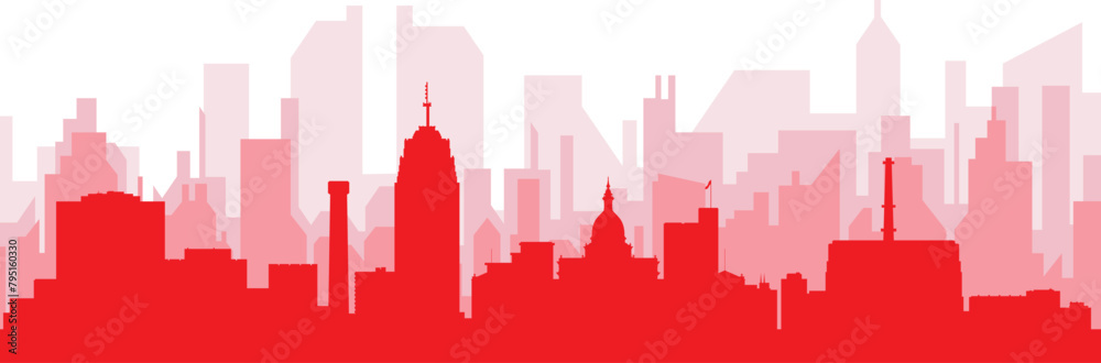 Red panoramic city skyline poster with reddish misty transparent background buildings of LANSING, UNITED STATES