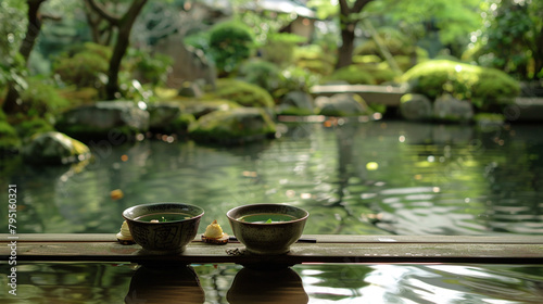 A serene tea ceremony unfolding in a traditional Japanese garden, where delicate teacups are filled with fragrant green tea and served with sweet treats. © Creative
