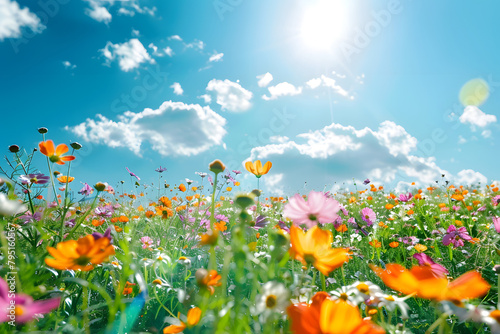Sun in a flowering field with a clear blue sky  representing renewable energy and sustainable living
