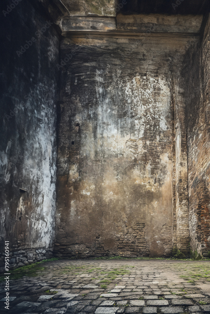 Weathered wall with peeling paint and moss, set against a shadowy overhang Weathered wall with peeling paint and moss, set against a shadowy overhang