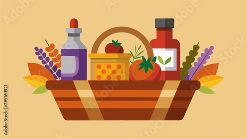 A basket filled with unique condiments like truffleinfused hot sauce and lavender honey mustard for the adventurous foodie..