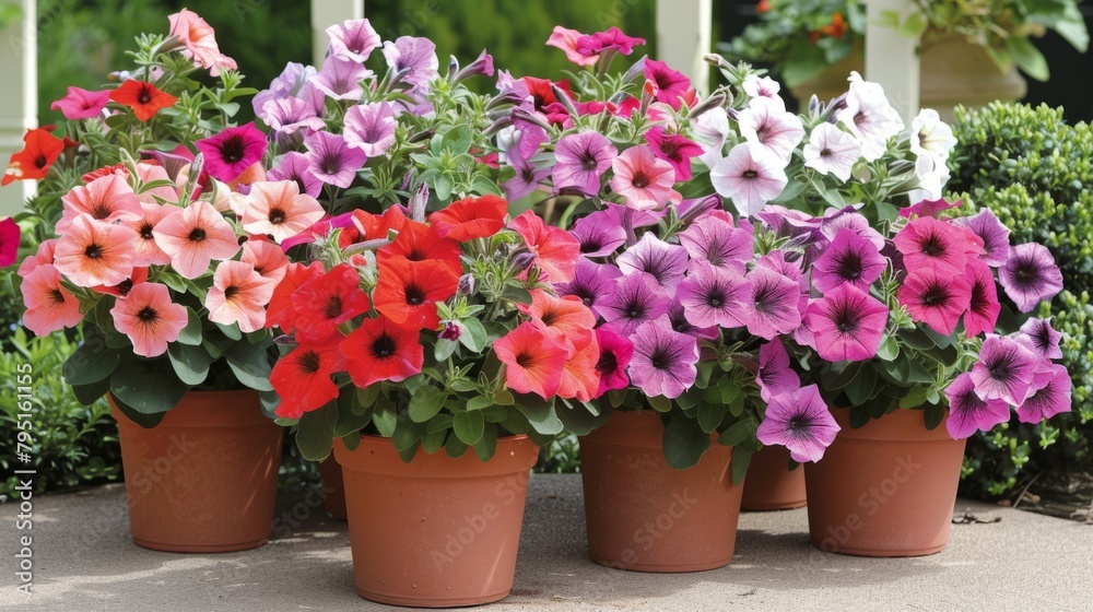 Petunia blooms in a variety of colors, their trumpet-shaped flowers adding color to containers and hanging baskets