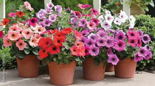 Petunia blooms in a variety of colors, their trumpet-shaped flowers adding color to containers and hanging baskets © KerXing