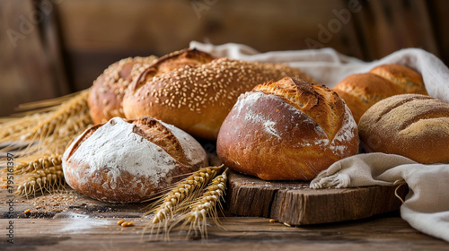 Assortment of baked bread on wooden table background