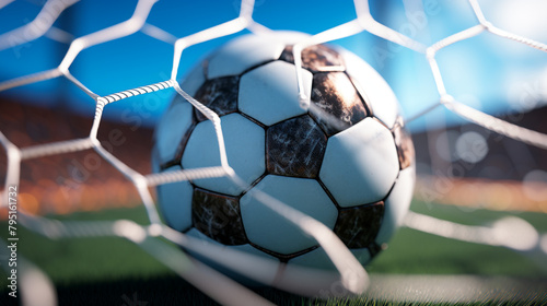 Soccer ball in goal, isolated on blurred background. Football and soccer background.sport concept