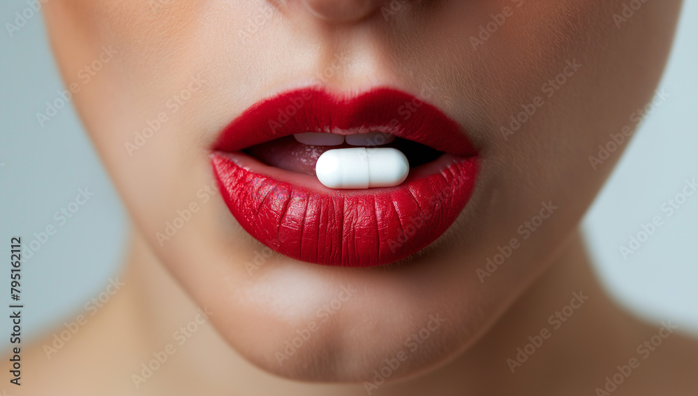 Fototapeta premium A woman is taking a pill in her mouth . The pill is white and small. The woman has a bright smile on her face