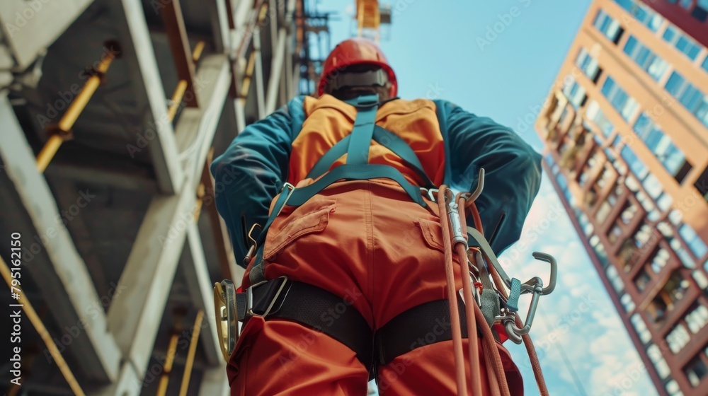 Safety harness being worn by a worker at height on a construction site Safety harness being worn by a worker at height on a construction site