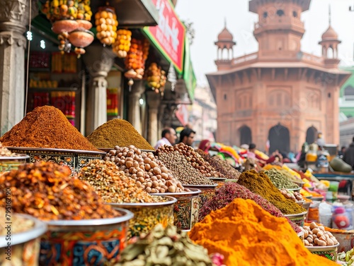 A large variety of spices are on display in a market. The spices are in many different colors and sizes, and they are arranged in several bowls and baskets. The market is bustling with people photo