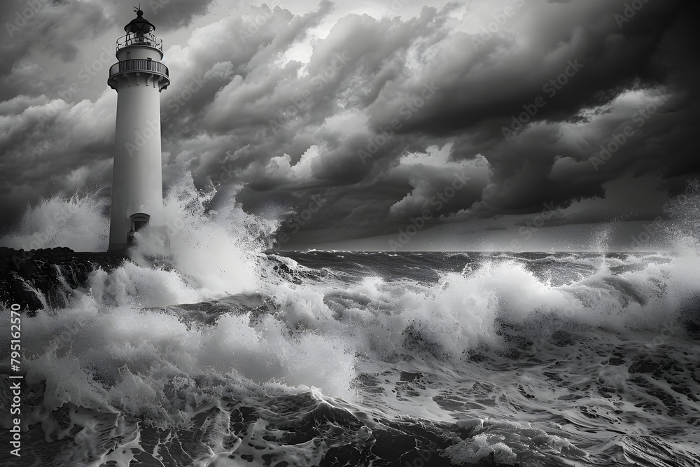 A lighthouse overlooking a rough sea, with storm clouds gathering, representing the ocean's power and majesty
