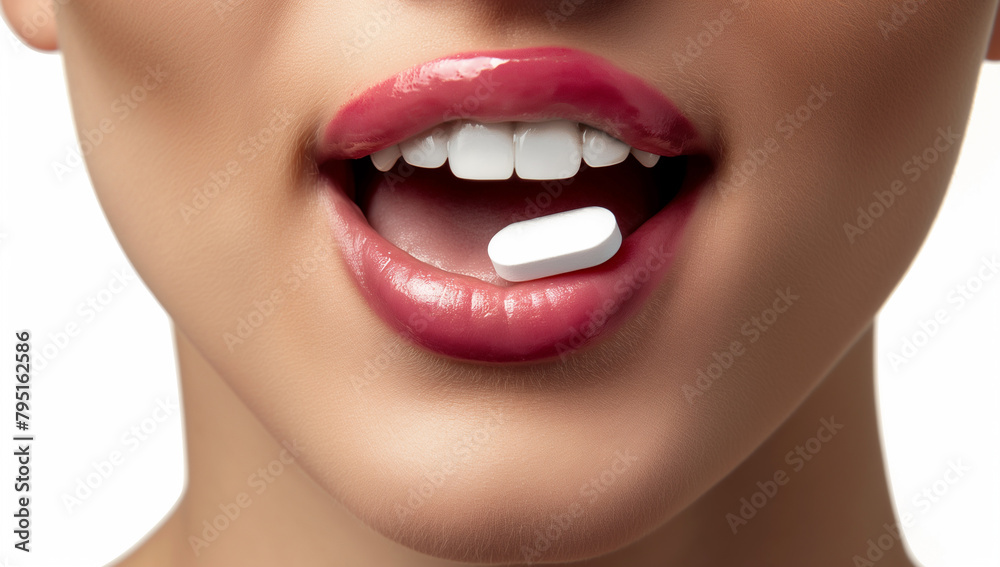 Obraz premium A woman is taking a pill in her mouth . The pill is white and small. The woman has a bright smile on her face