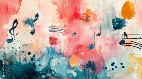 Abstract watercolor background with musical notes and flowers. Digital art painting. Ai generative.
