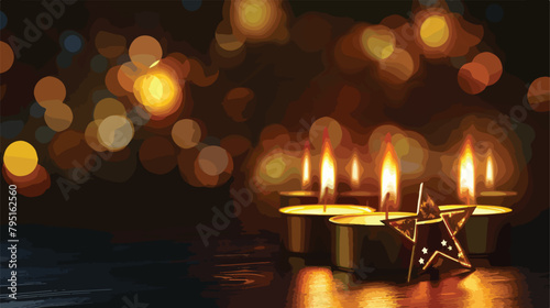 Burning candles with Jewish badge on dark background. photo