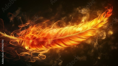 Vibrant burning Feather Floating on Black Background
