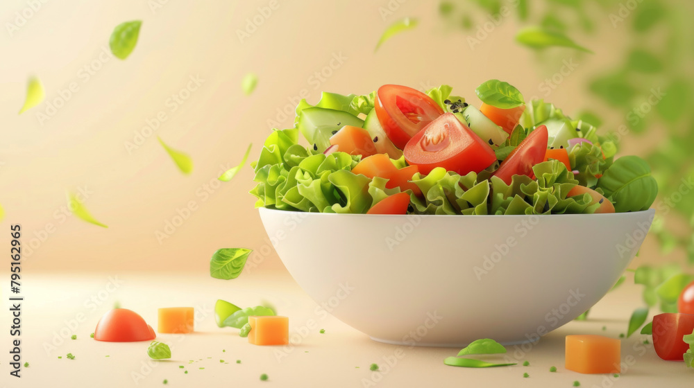 Crisp lettuce, ripe tomatoes, and herbs in a clean white salad bowl against a soft background. Crisp lettuce, ripe tomatoes, and herbs in a clean white salad bowl against a soft background.