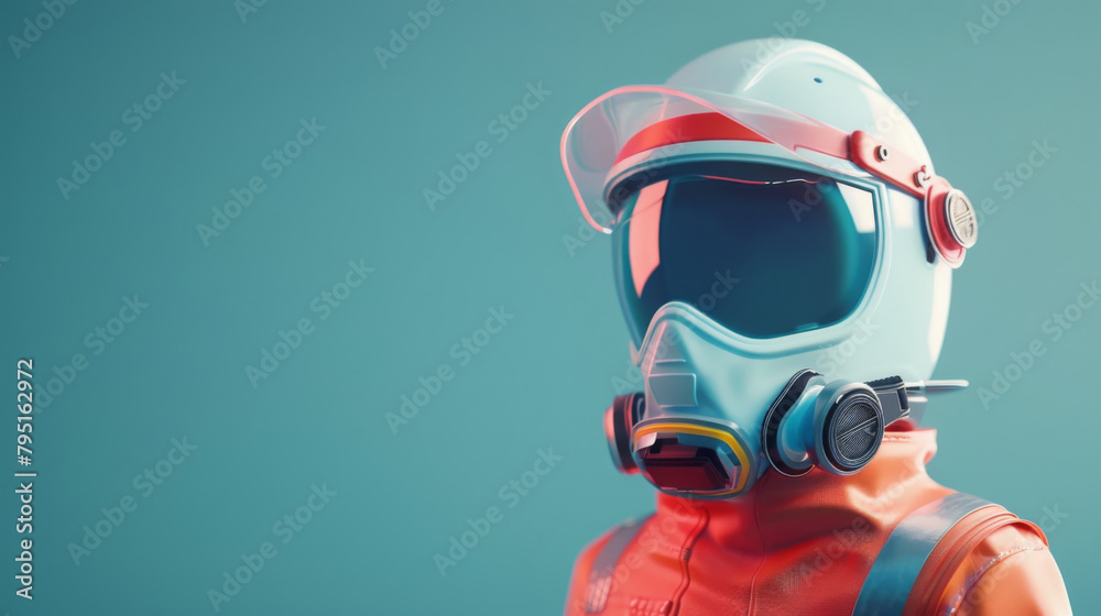 Vintage style astronaut helmet with reflection displayed on a minimalist teal background.