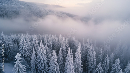 White frost-covered trees in winter forest at foggy sun