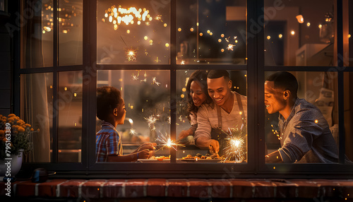 A man is smiling at a family dinner table with his children photo