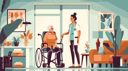 Caregiver with senior woman in nursing home closeup Vector