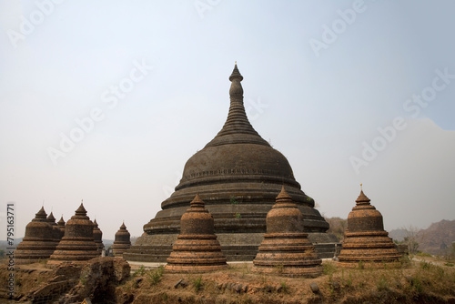 Myanmar ancient temples in Mrauk U on a sunny spring day