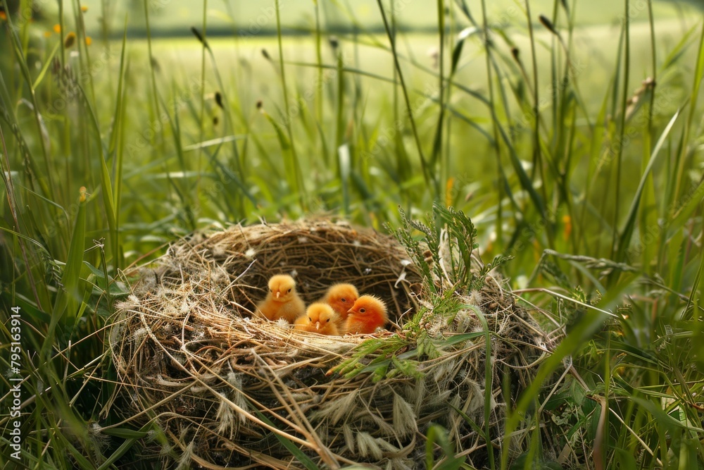 Close up shots of new born yellow baby birds with their mouths open in a nest are waiting for mother birds to feed them.