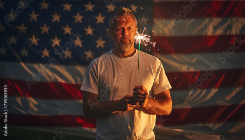A man stands in front of an American flag with fireworks in the background