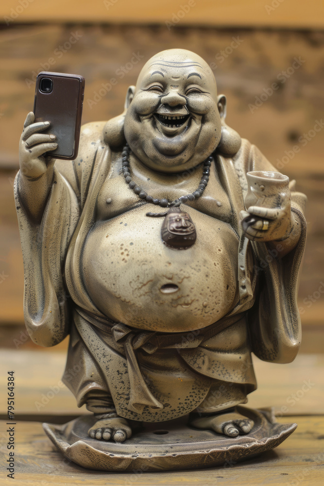 Laughing bronze Hotei with smartphone and tea cup Laughing bronze Hotei with smartphone and tea cup