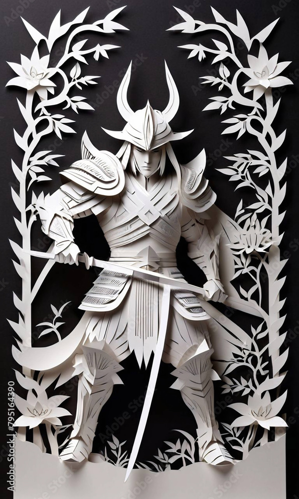 Illustration for the interior. Warrior in armor. Vertical illustration in kirigami style. Illustration for the interior. Warrior in armor. Vertical illustration in kirigami style.