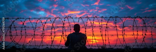 Border crosser silhouette: man against barbed wire at sunset photo