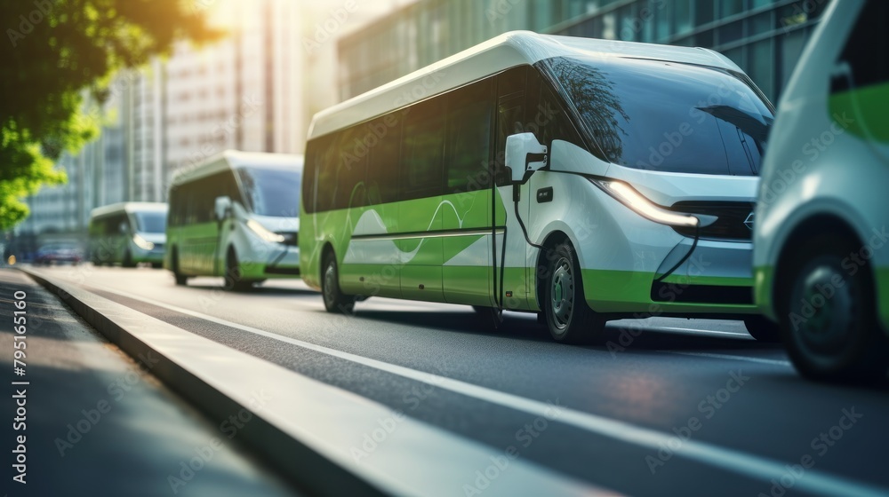 Electric bus charging in the city. Concept of eco-friendly transport. 3D illustration. Sustainable energy. Electric vehicle. Green Energy Concept with Copy Space. 