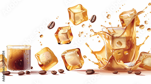 Coffee ice cubes beans and splash of beverage on white photo