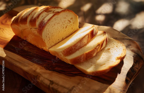 Slices of fresh bread on wooden background