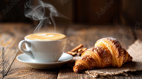 A steaming cup of aromatic coffee placed next to a freshly baked croissant on a rustic wooden table.