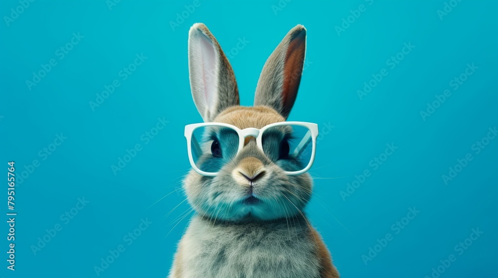 Funny rabbit with sunglasses on blue background. 3d rendering.