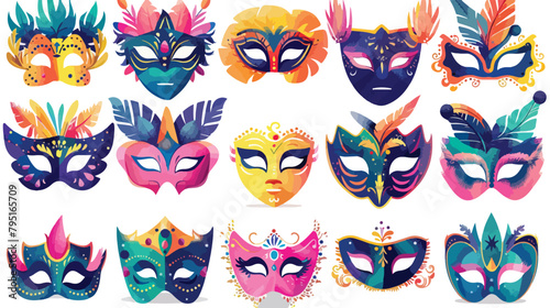 Collage of bright carnival masks with decor on white