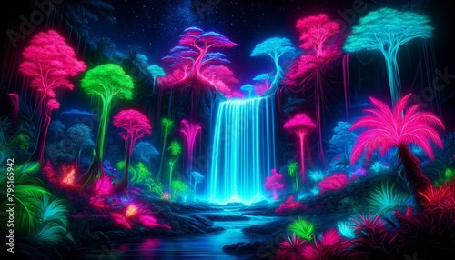 Enchanting neon-lit waterfall and fluorescent jungle under a starry sky, evoking serenity and wonder.