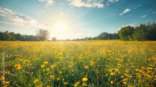 A serene field of yellow flowers bathed in the warm glow of a rising sun, inviting a sense of calm and natural beauty.